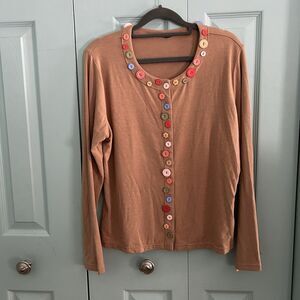 Vtg Zoe Womens Multi-Colored Button Front Tan Cardigan Medium Artsy Colorful